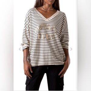 Gigi Moda Made in Italy Striped V-Neck Knit Sweater with Gold Lettering